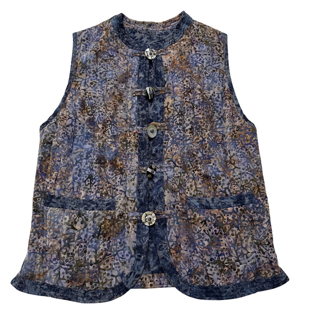 VTG Reversible Quilted Batik Vest M Blue Purple‎ Boho Art to Wear Shell Buttons